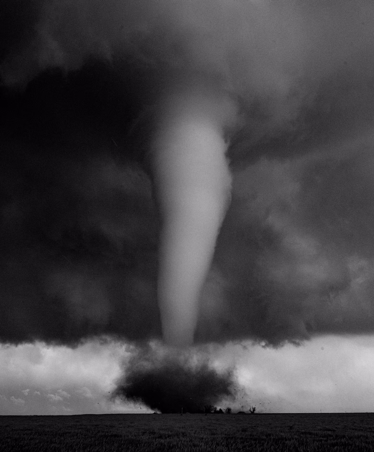 Black-and-white tornado photograph